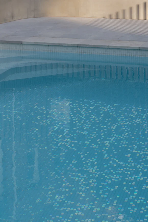 Tiled pool with iridescent mosaic finish and curved concrete coping – Pymble backyard build by Lou Projects